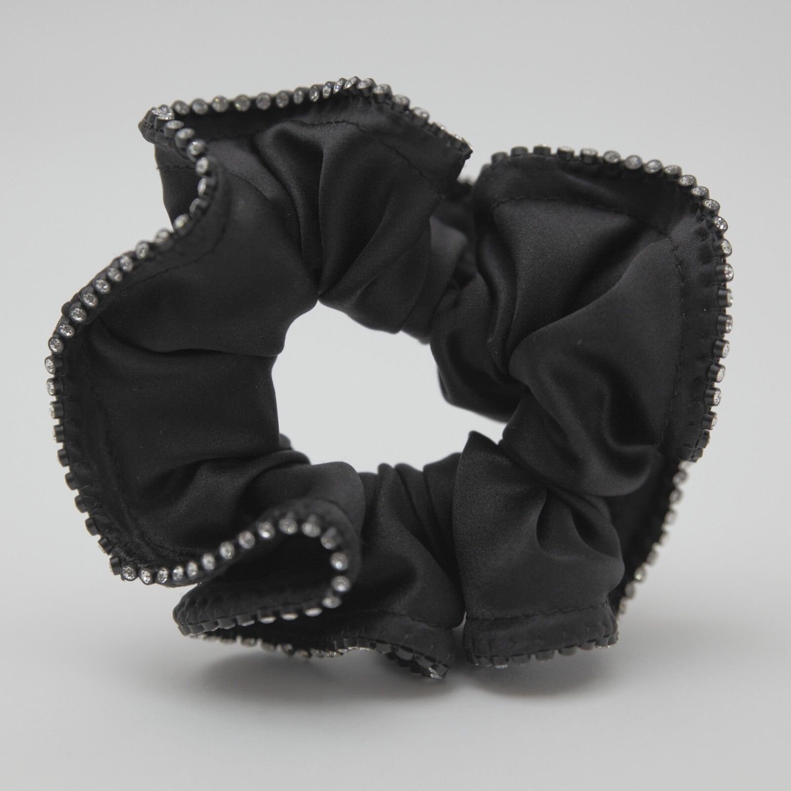 [TOOMUCHTAX] / ☆ CRYSTAL SCRUNCHIE / BLACK Swarovski Crystal Trim Black Satin Hair Elastics Scrunchies