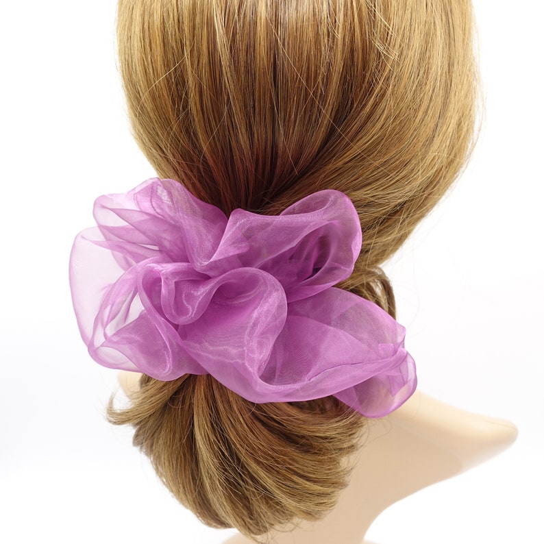 May include: A purple, sheer, ruffled hair scrunchie.