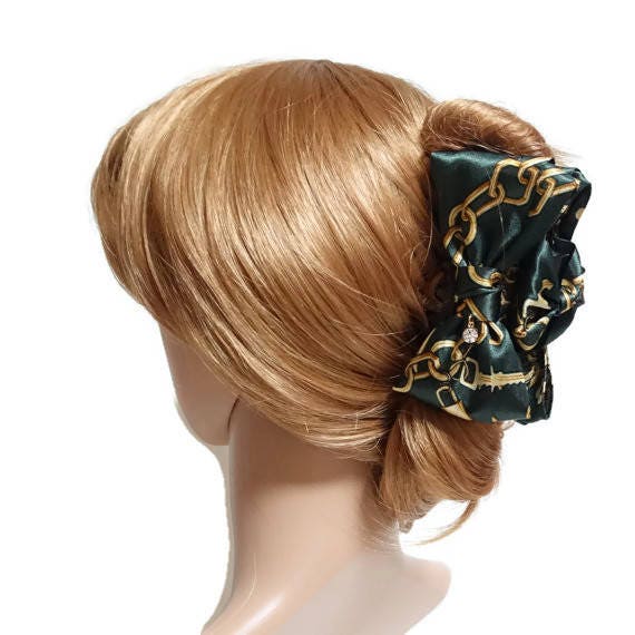 Handmade Chain Print Satin Hair Bow Hair Claw Clip Women –