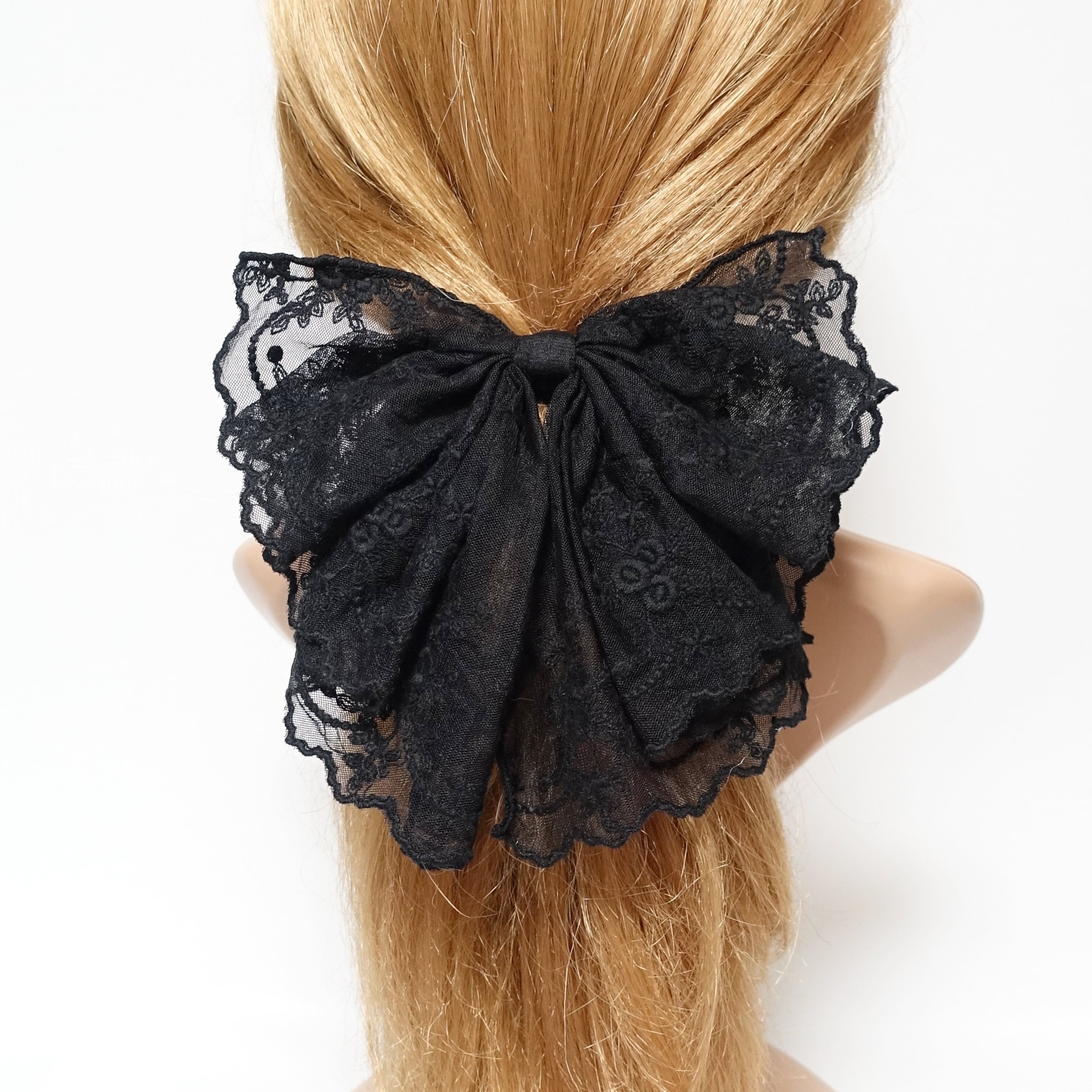 Lace and Bow Hair Accessory Collection - Black White Tan floral lace hair bow layered hair accessory for women main image 4