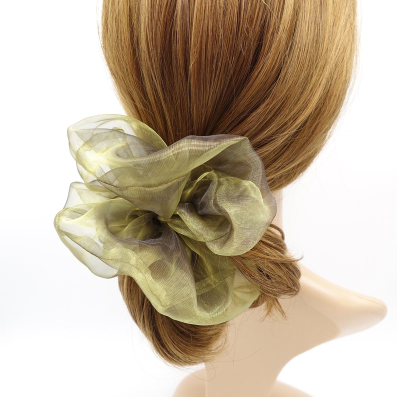 May include: A large, green and brown, sheer, fabric hair scrunchie.