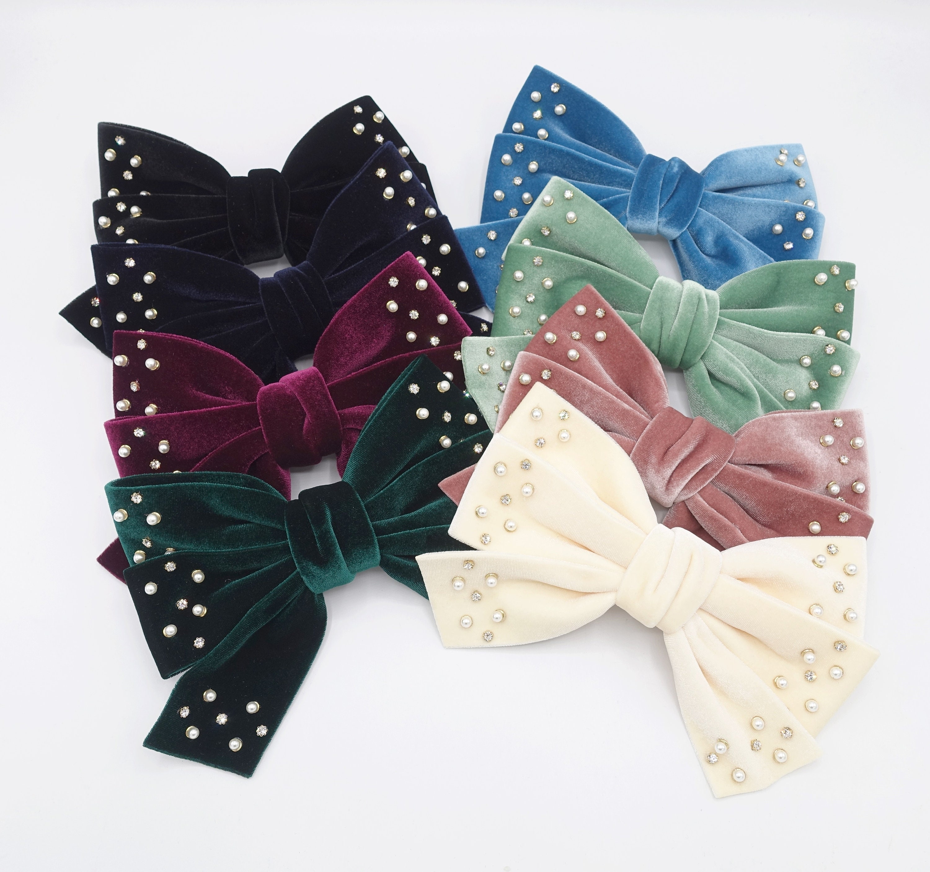 Velvet Hair Bow, Triple Rhinestone Hair Bow, Pearl Velvet Velvet Hair Bow, Triple Rhinestone Hair Bow, Pearl Velvet
