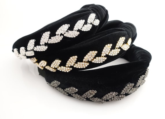 Black Velvet Rhinestone Knot Headband Black Velvet Crystal Embellished Knotted Headband, Knotted  main image 2
