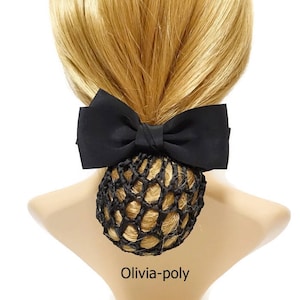 May include: A black hair bun net with a black satin bow. The bun net is made of a fine mesh material and the bow is tied in a classic knot.