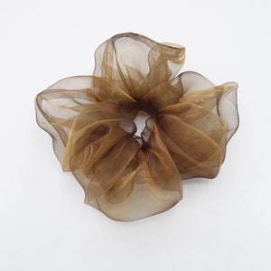 May include: A brown sheer fabric hair scrunchie. The scrunchie is made of a soft, delicate material and is designed to be gentle on hair.