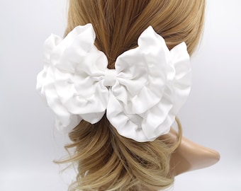 Large Ruffled Satin Hair Bow Barrette, Oversized Tiered Silk Clip, Romantic Balletcore Accessory