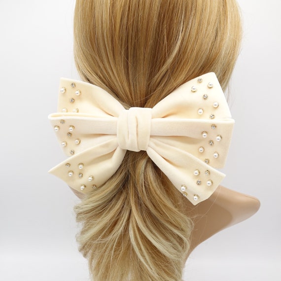 Velvet Hair Bow, Triple Rhinestone Hair Bow, Pearl Velvet Velvet Hair Bow, Triple Rhinestone Hair Bow, Pearl Velvet