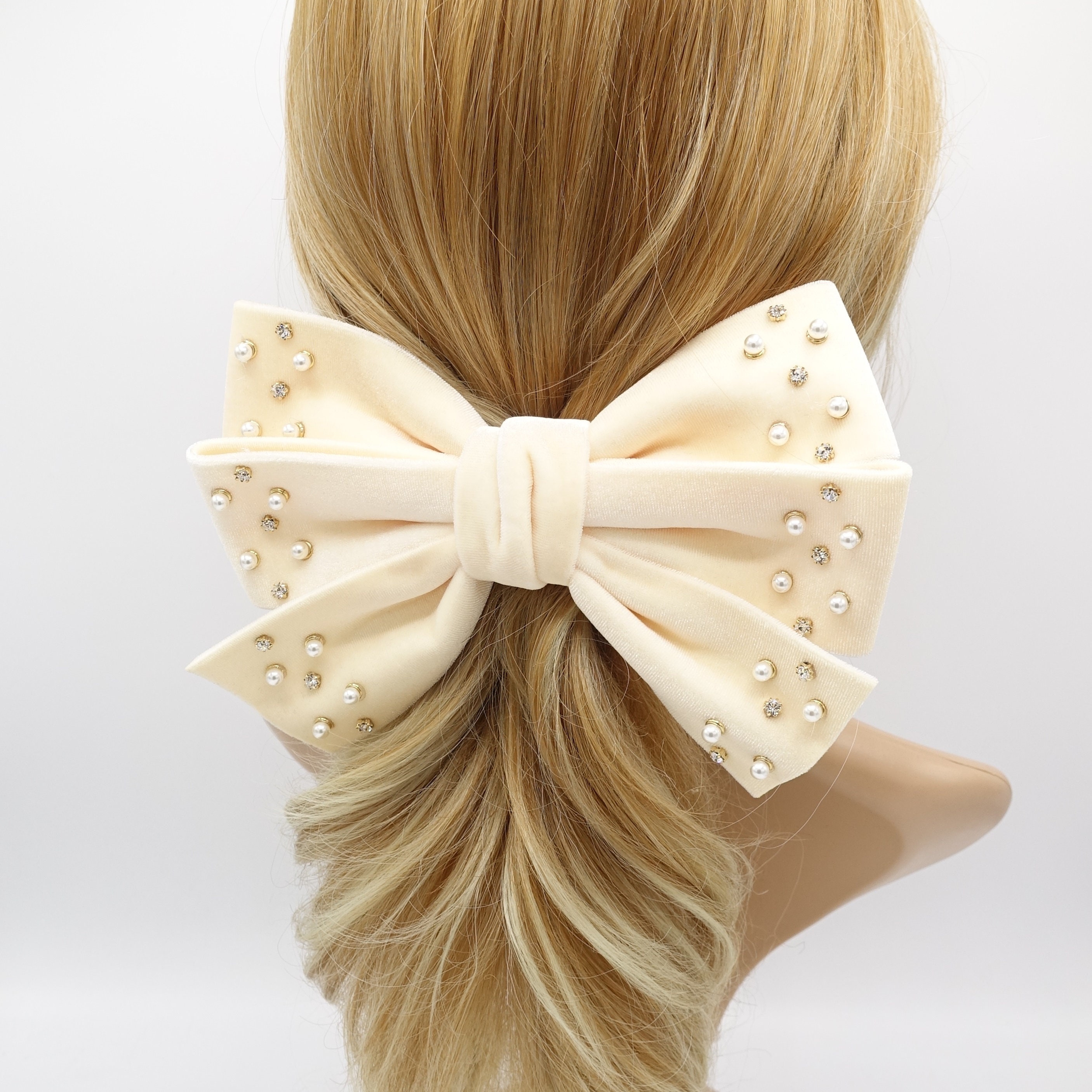 Velvet Hair Bow, Triple Rhinestone Hair Bow, Pearl Velvet Velvet Hair Bow, Triple Rhinestone Hair Bow, Pearl Velvet