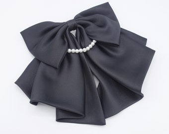 Satin Hair Bow with Pearl Necklace Detail - Elegant Women's Hair Accessory