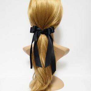 Black cream satin long tail bow hair elastic ponytail holder comb for women image 1