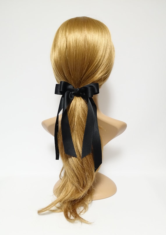 Black cream satin long tail bow hair elastic ponytail holder comb for women