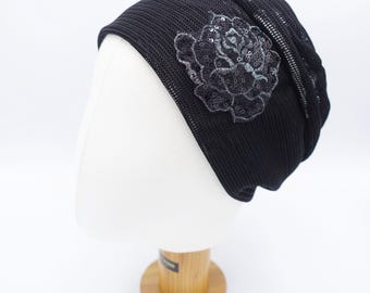 black mesh beanie, sequin flower embellished hat, stretchable Spring/Summer fashion hat for women