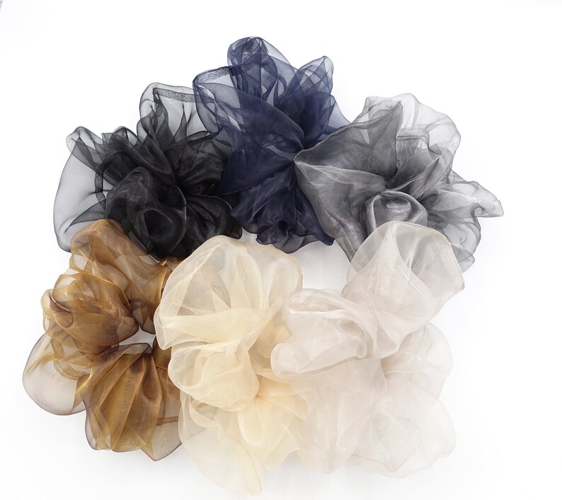 May include: A set of six hair scrunchies in various shades of brown, black, and beige. The scrunchies are made of a soft, sheer fabric and are perfect for adding a touch of elegance to any hairstyle.