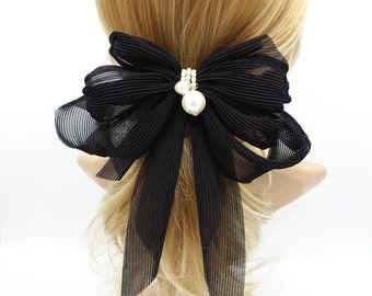 pleated chiffon hair bow pearl embellished long tail french barrette women hair accessory