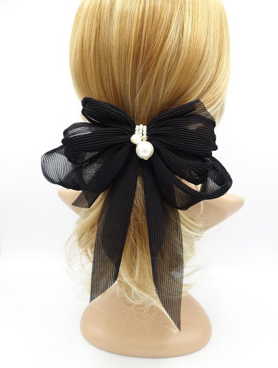 Pleated Chiffon Hair Bow Pearl Embellished Long Tail French  display picture 2