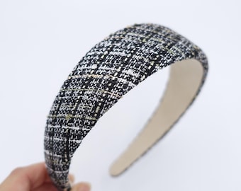 Tweed Padded Headband for Women – Black & White Woven Wide Hairband – Classic Textured Headband
