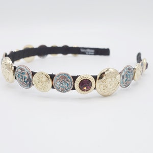 golden button rhinestone embellished thin headband luxury style hairband for women