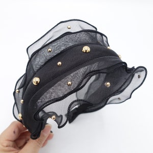 golden ball embellished triple lettuce hem headband organdy hairband mesh hair accessory for women