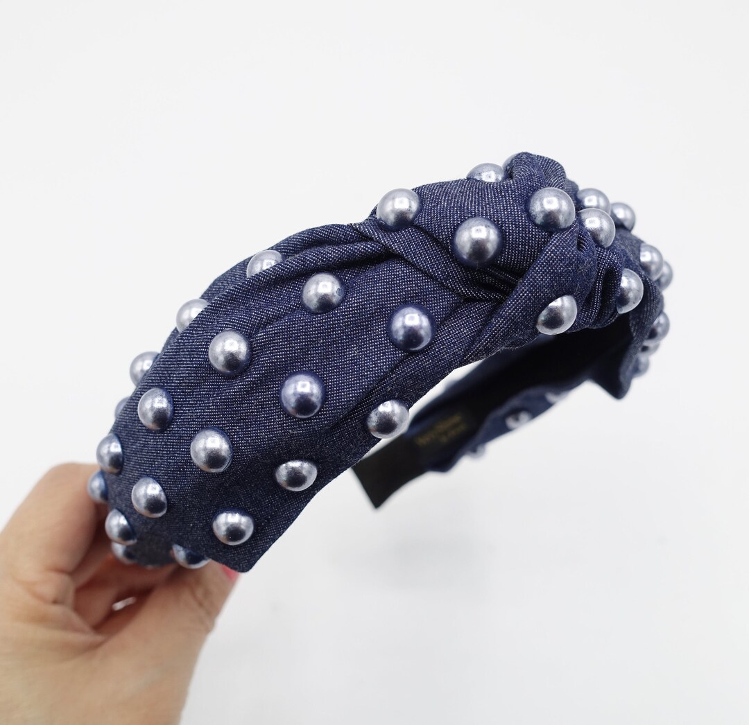 Denim Headband with Pearls and Studs Twine and Love | Denim Knot Jeweled Headband | Handcrafted  main image 2