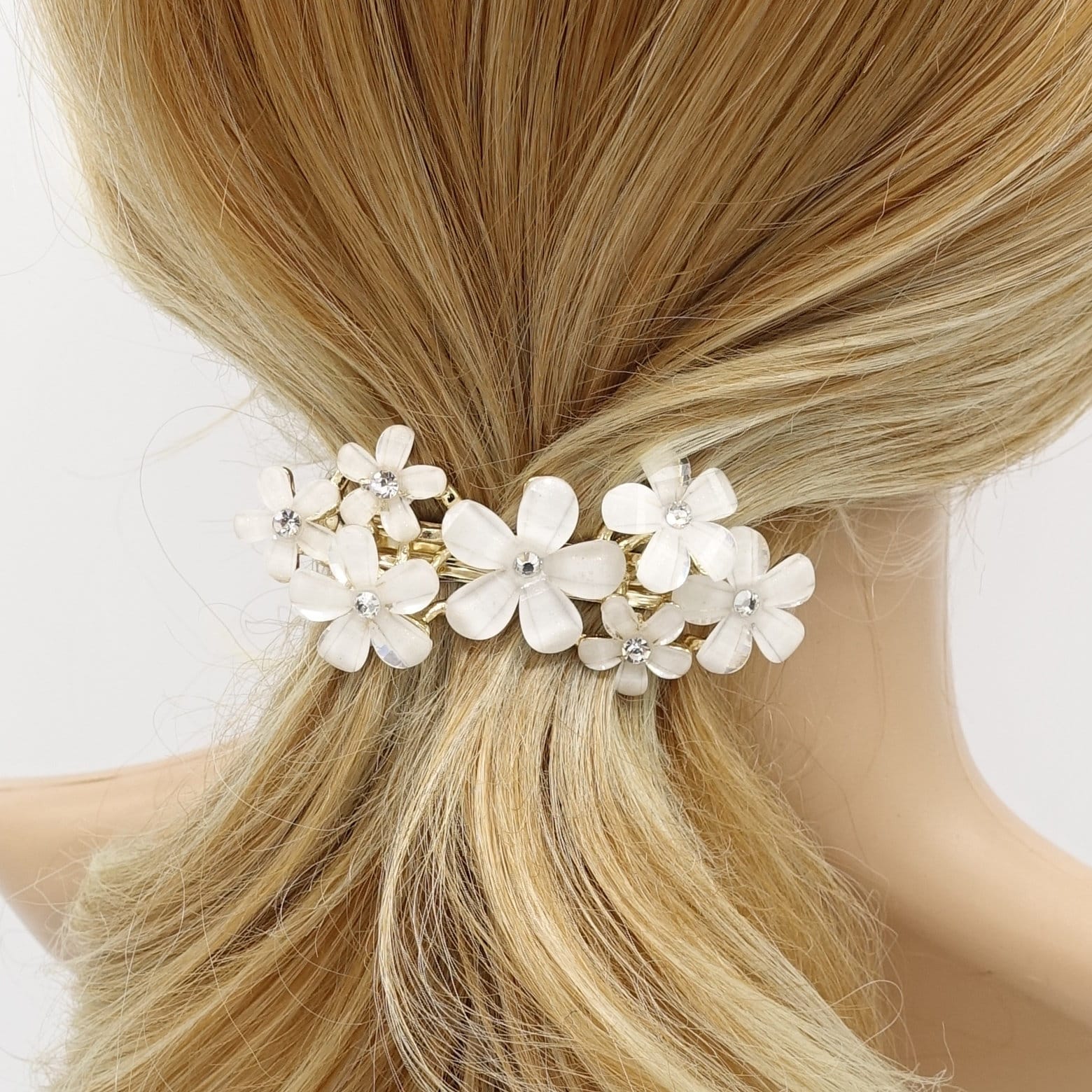 Barrette Vintage Fleur Avec Strass - Métal Argenté Et Rose - Occasion