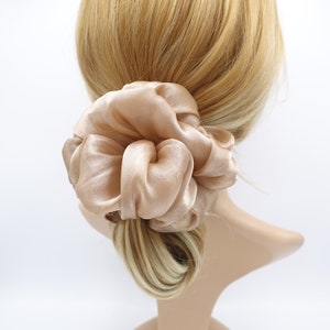May include: A large, light brown, satin scrunchie for hair.
