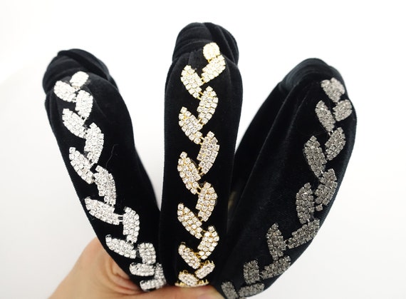 Black Velvet Rhinestone Knot Headband Black Velvet Crystal Embellished Knotted Headband, Knotted  main image 4