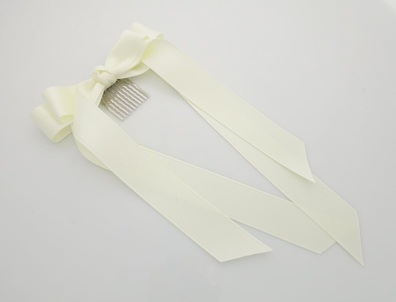 Black cream satin long tail bow hair elastic ponytail holder comb for women image 8
