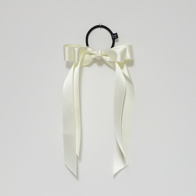 Black cream satin long tail bow hair elastic ponytail holder comb for women image 4