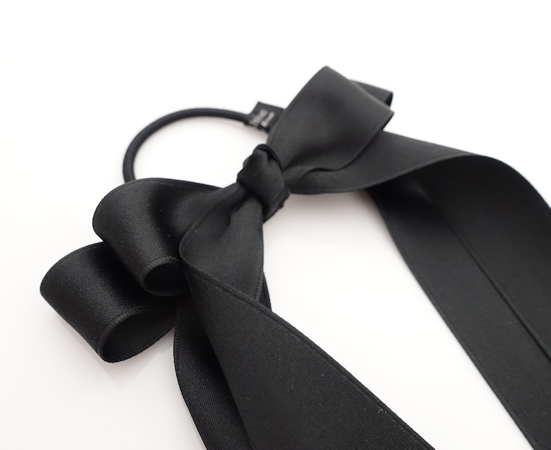 Black cream satin long tail bow hair elastic ponytail holder comb for women image 7