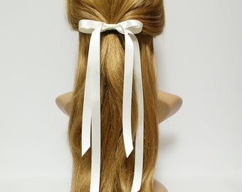 Very long narrow tail black cream satin bow hair tie ponytail holder comb for women