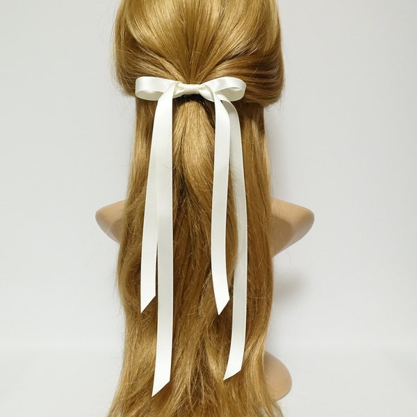 Very long narrow tail black cream satin bow hair tie ponytail holder comb for women