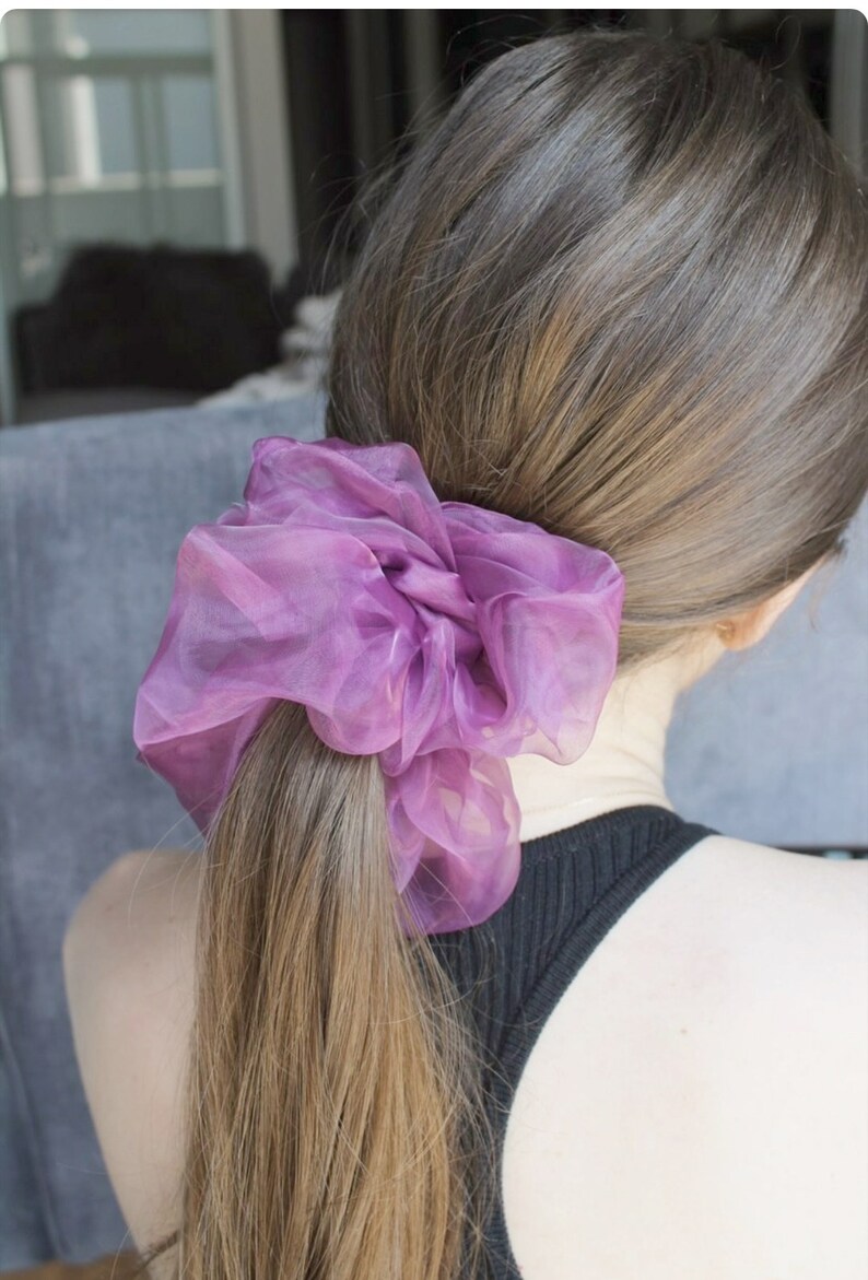 May include: A purple scrunchie made of sheer fabric, tied in a ponytail on a person's head.