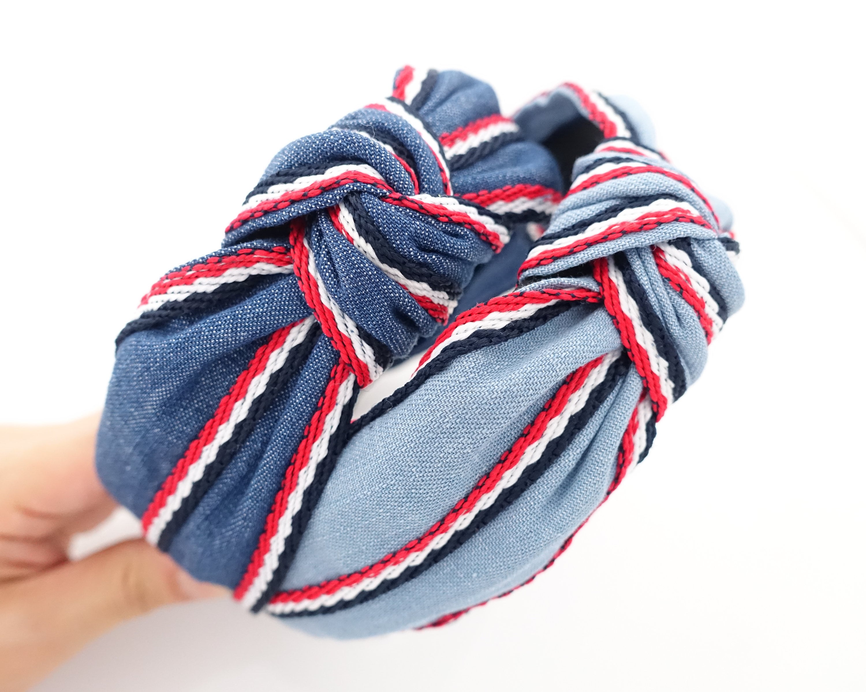 Denim Blue Knotted Headband and Black Stripe Knot Headband - Designer Style TOBATOBA Denim Headbands for Women - Blue Jean Wide Knot  main image 3