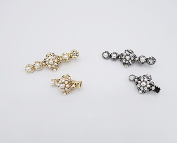 パールラインストーンヘアクリップセット：SサイズとMサイズの宝石付き