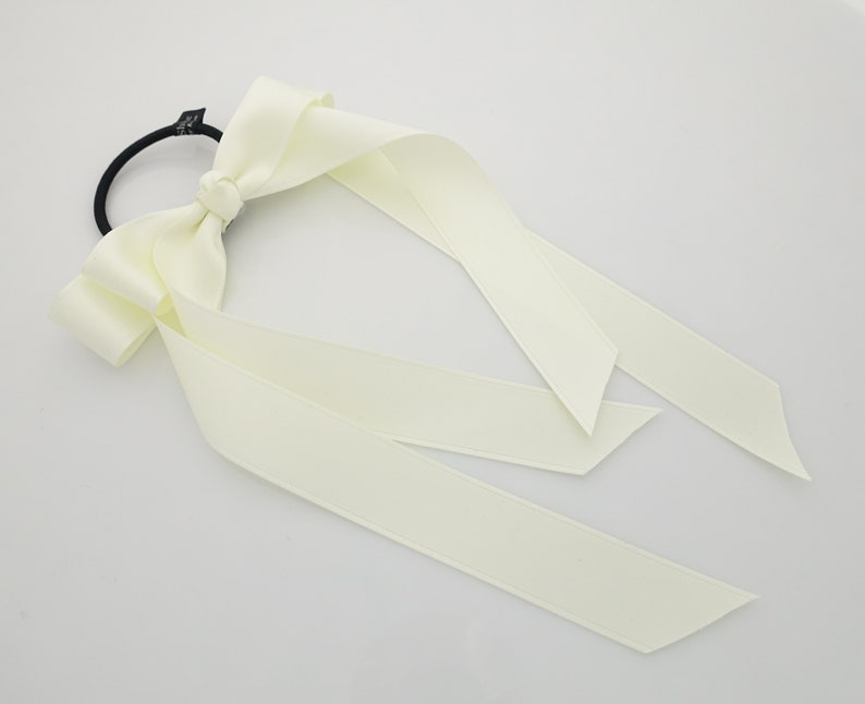 Black cream satin long tail bow hair elastic ponytail holder comb for women image 10
