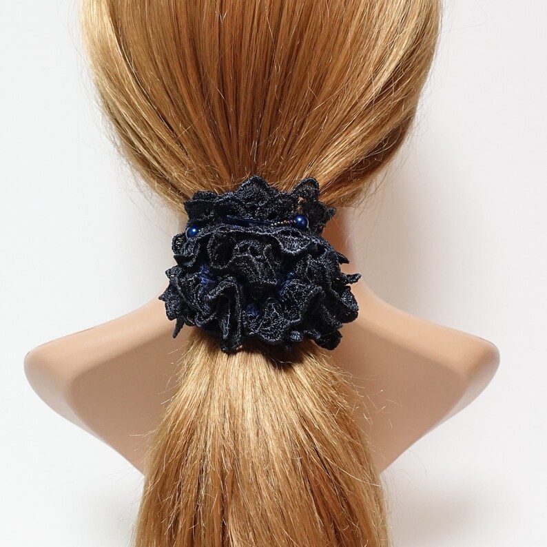 lace sleek pearl ball beaded scrunchy woman elastic hair ties scrunchies Navy