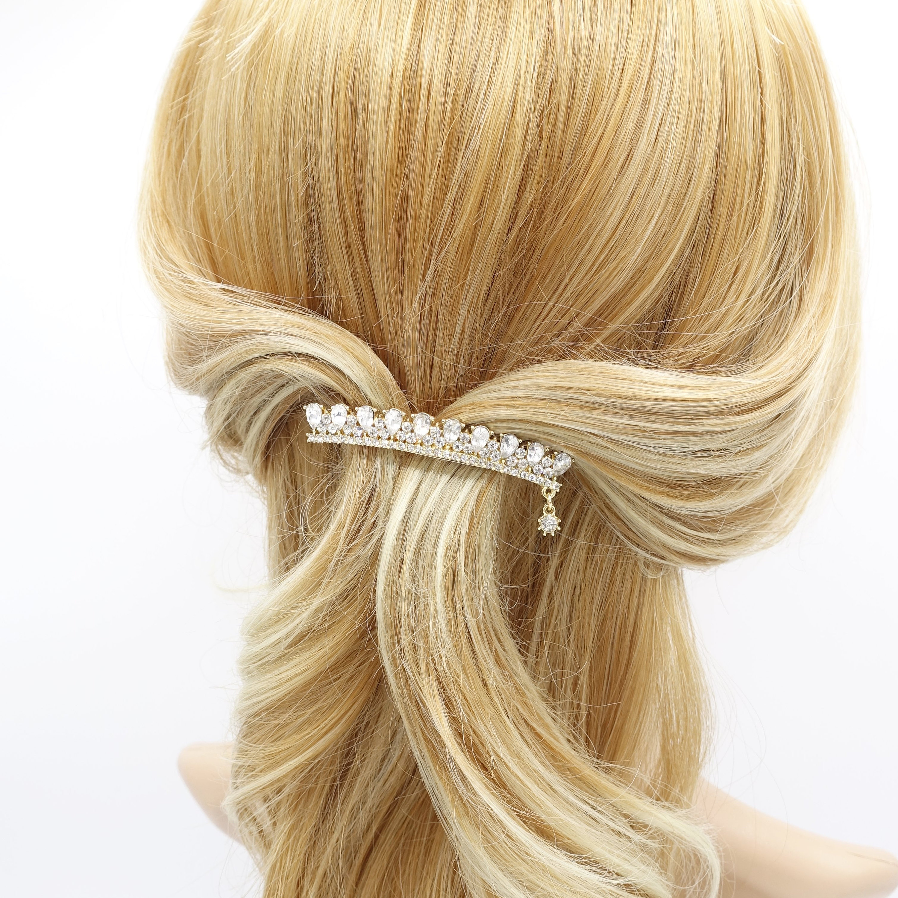 Water Drop Rhinestone Hair Barrette Crown Motif Half-up Half 