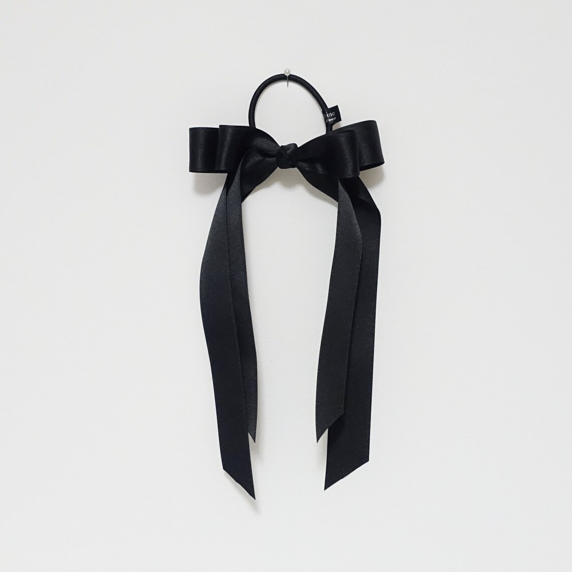 Black cream satin long tail bow hair elastic ponytail holder | Etsy