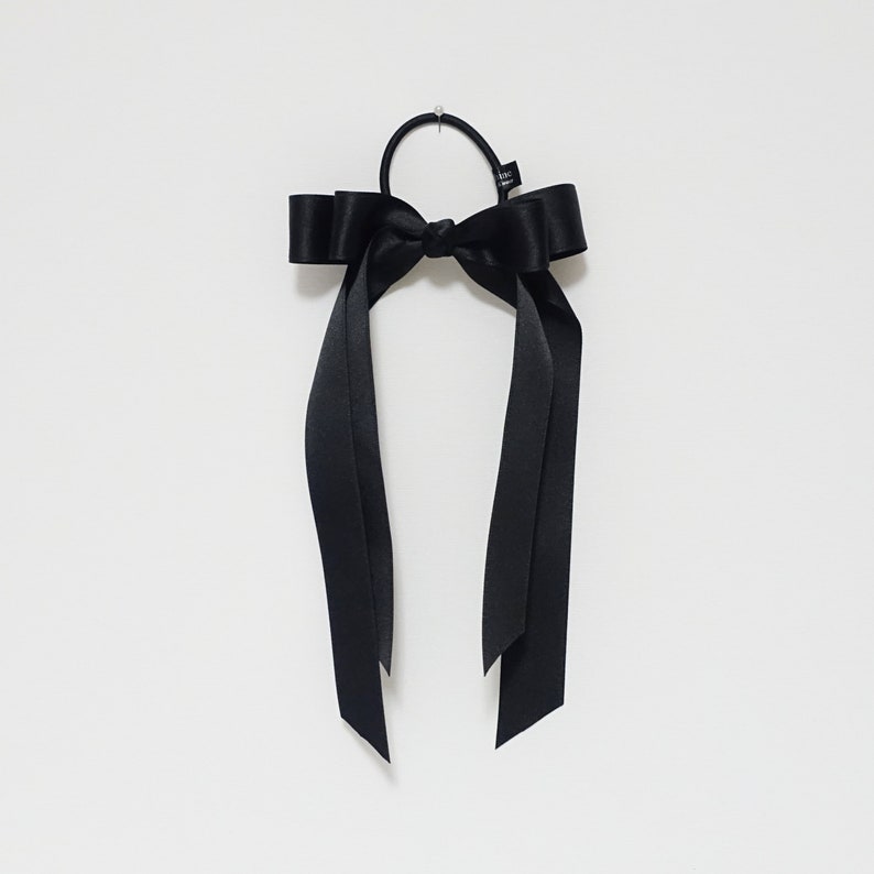 Black cream satin long tail bow hair elastic ponytail holder comb for women image 3