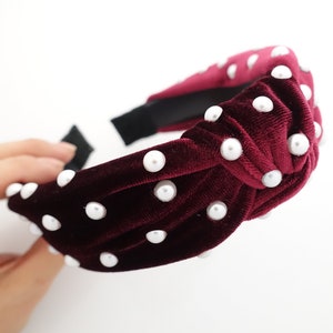 faux pearl decorated velvet knot fashion embellished headband for women Red wine