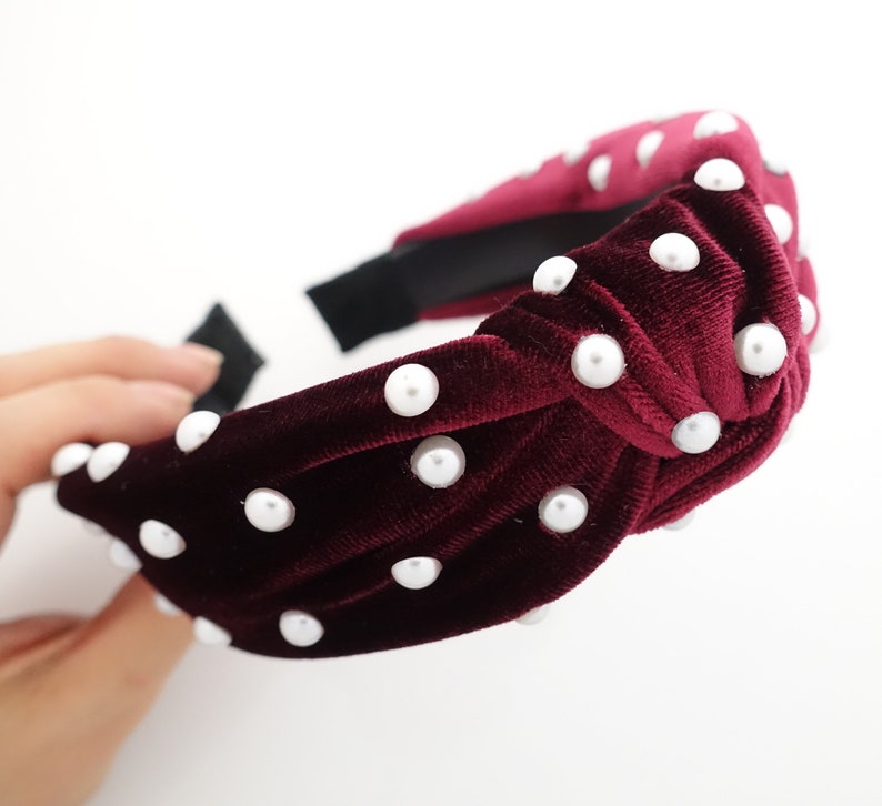 faux pearl decorated velvet knot fashion embellished headband for women Red wine