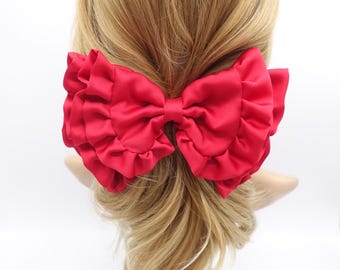 Large Ruffled Satin Hair Bow Barrette, Oversized Tiered Silk Clip, Romantic Balletcore Accessory