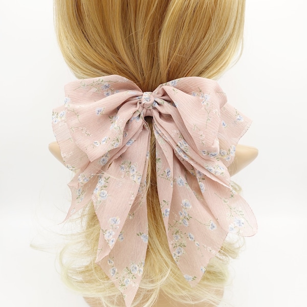 floral chiffon bow double layered tail bow hair barrette for women