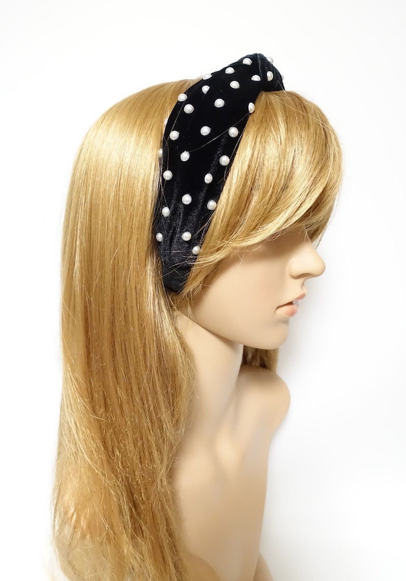 faux pearl decorated velvet knot fashion embellished headband for women image 9