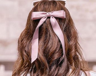 Satin Hair Bow: Layered Tails, French Barrette