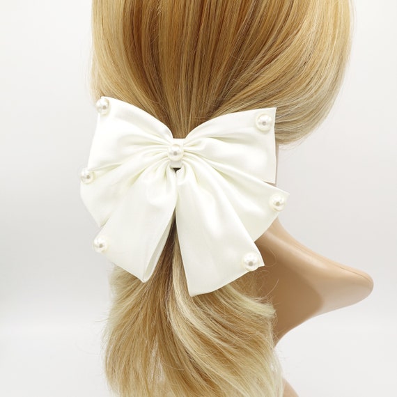 Pearl Embellished Satin Hair Bow for Women - Etsy display picture 2