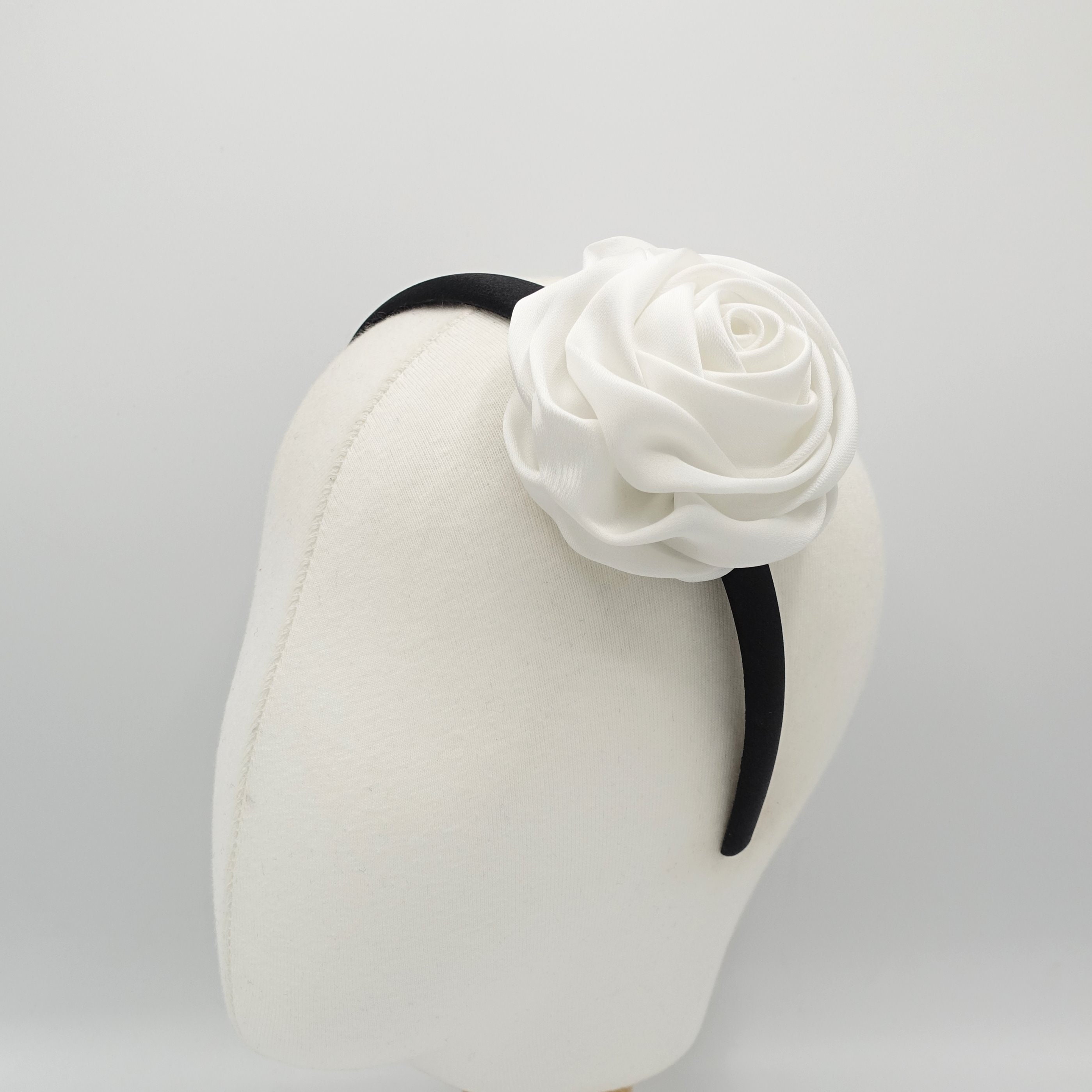 White elastic headband with bun and satin ribbon flower for women and girls White Headband With White Flowers Flower Girl Bridesmaid  main image 4