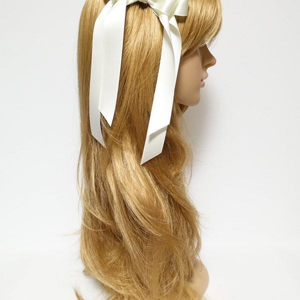 Black cream satin long tail bow hair elastic ponytail holder comb for women