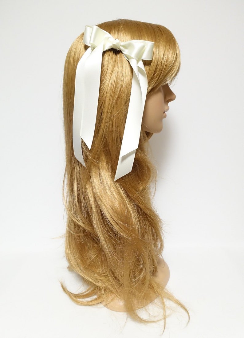 Black cream satin long tail bow hair elastic ponytail holder comb for women image 2