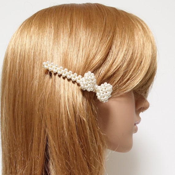 Faux Pearl Bow Hair Clip Faux-Pearl Bow Hair Clip in Pink - Boho Chic, Indie  main image 3